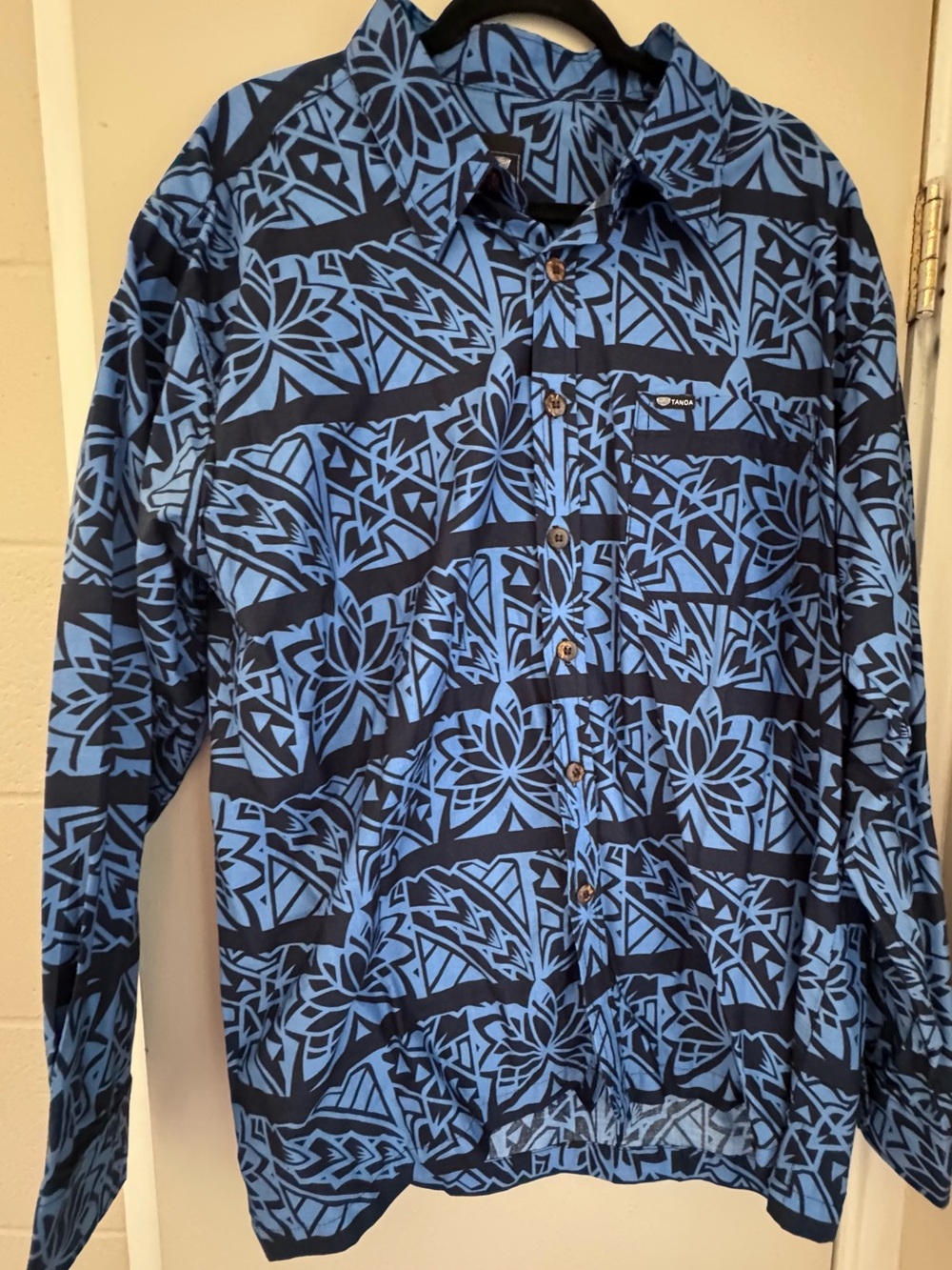 TANOA Blue Polynesian Patterned Lightweight Long Sleeve Aloha Shirt